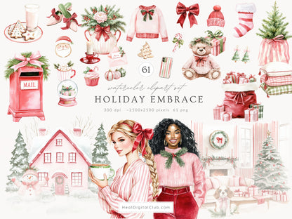 Holiday Embrace - Clipart & Patterns Collection, Elegant Cozy Winter Christmas | 91 PNG/JPEG