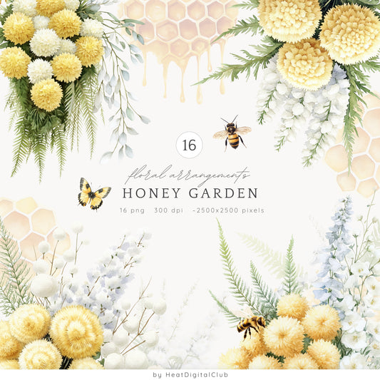 Honey Garden - Floral Arrangements, Yellow Bee Flowers, Chrysanthemum | 16 PNG