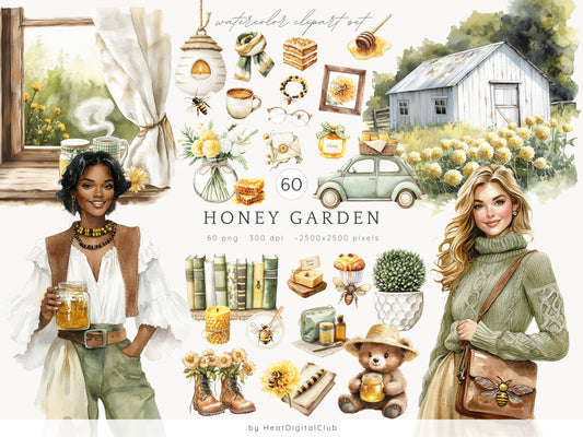 Honey Garden - Bee Clipart, Cottagecore, Honeycomb, Beekeeping | 60 PNG