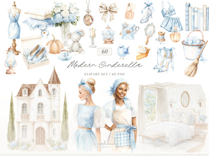 Modern Cinderella - Clipart, Cottagecore Clip Art, Fantasy, Cinderella Clipart, Fairytale | 60 PNG