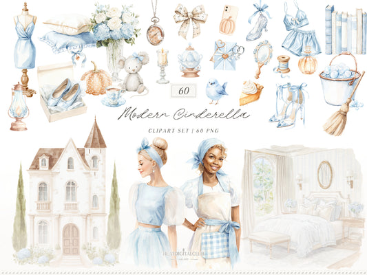 Modern Cinderella - Clipart, Cottagecore Clip Art, Fantasy, Cinderella Clipart, Fairytale | 60 PNG