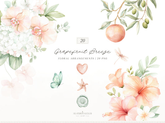 Grapefruit Breeze - Floral Arrangements, Summer Flowers Clipart, Tropical Florals, Citrus | 20 PNG