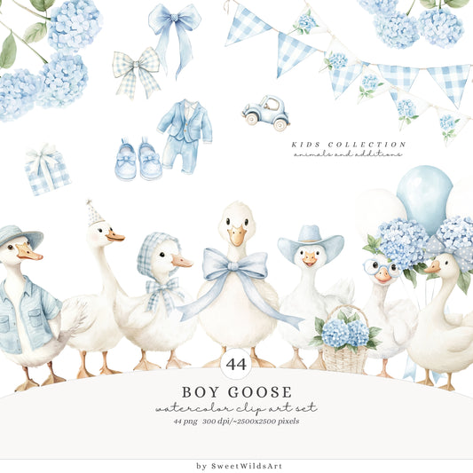 Boy Goose - Clipart, Blue Silly Goose, Coquette Nursery, Birthday | 44 PNG