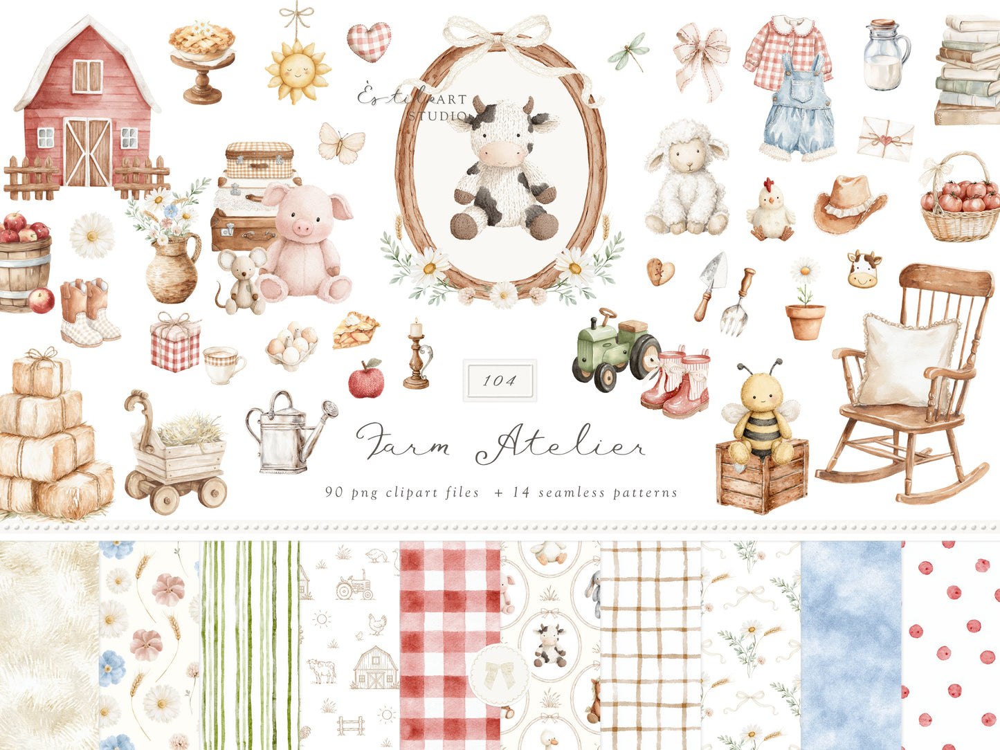Farm Atelier - Clipart, Heirloom Nursery, Vintage Barn Animals, Farmhouse Baby Shower, Cottage Farm Seamless Patterns | 104 PNG/JPEG