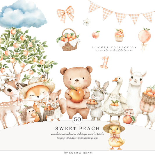 Sweet Peach - Cute Animals Clipart, Birthday, Summer Picnic, Baby | 50 PNG