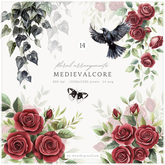 Medievalcore - Floral Arrangements, Red Rose Clipart, Gothic Floral | 14 PNG