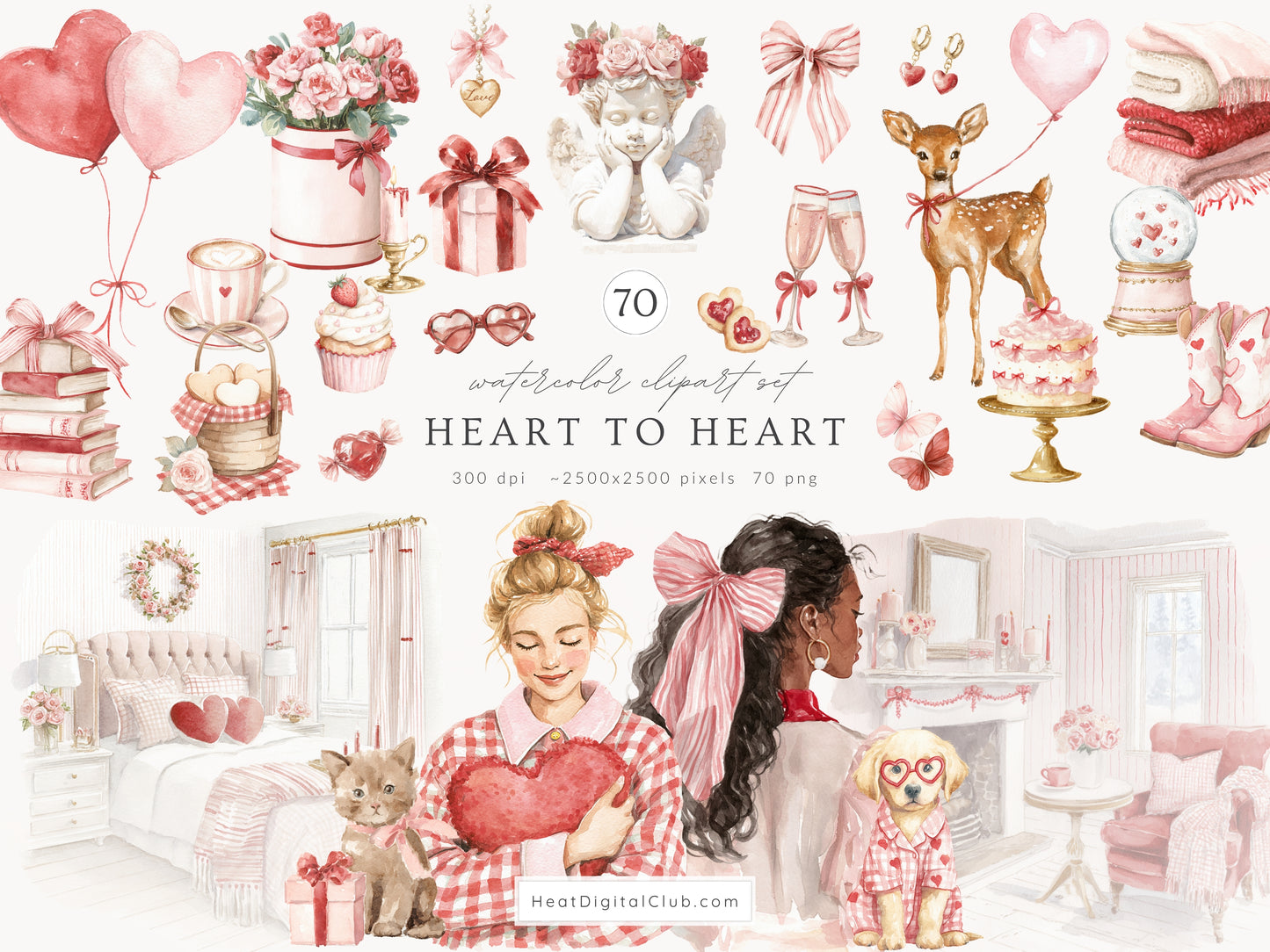 Heart to Heart - Valentine's Day Clipart, Cute Animals, Hearts, Bows, Romantic Love | 115 PNG/JPEG