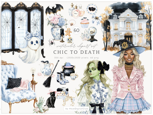 Chic to Death - Grandmillennial Halloween, Cottagecore, Cute Ghosts Witches | 60 PNG