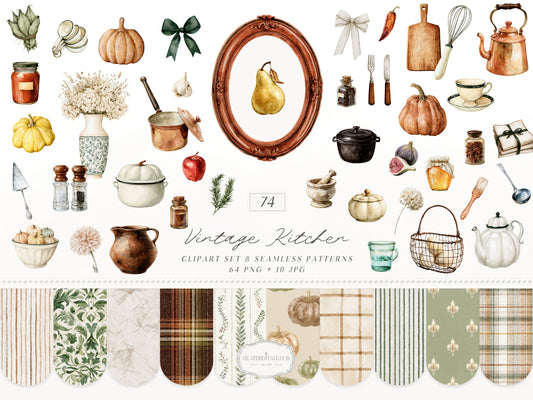 Vintage Kitchen - Clipart, Autumn Kitchen, Heirloom Fall, Cooking, Pear Pumpkin Garlic Herbs | 74 PNG/JPEG