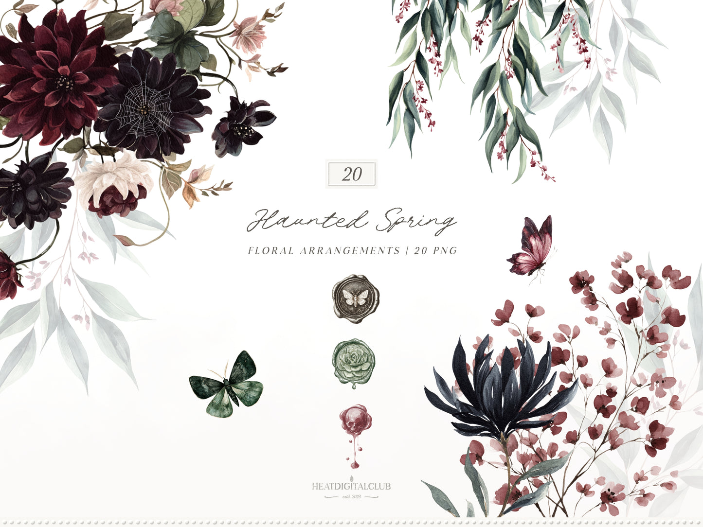 Haunted Spring - Floral Arrangements Clipart, Gothic Floral, Dark Spring Flowers, Moody Botanical | 20 PNG