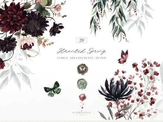Haunted Spring - Floral Arrangements Clipart, Gothic Floral, Dark Spring Flowers, Moody Botanical | 20 PNG