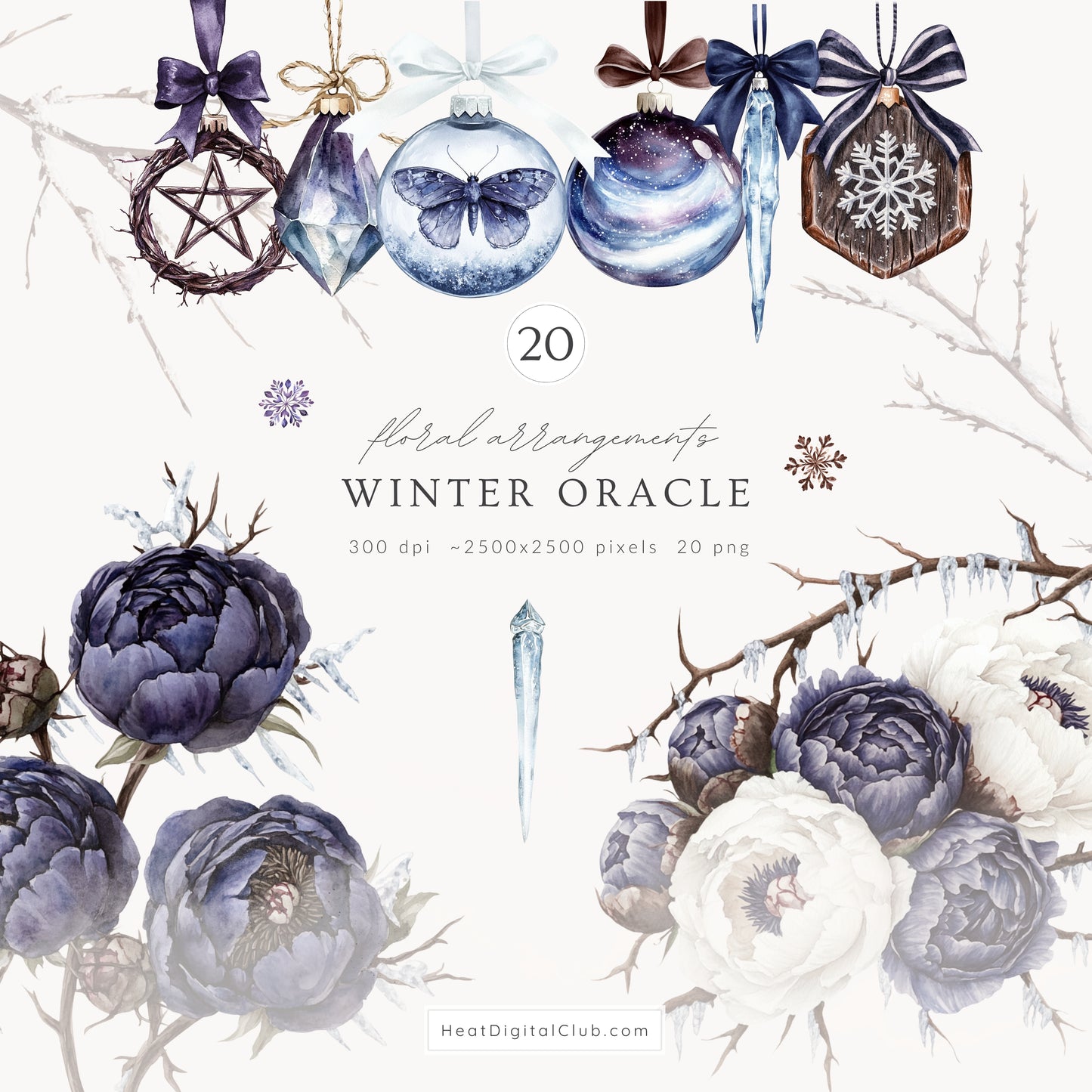 Winter Oracle - Floral Arrangements, Navy Violet Peonies, Enchanted Christmas | 20 PNG