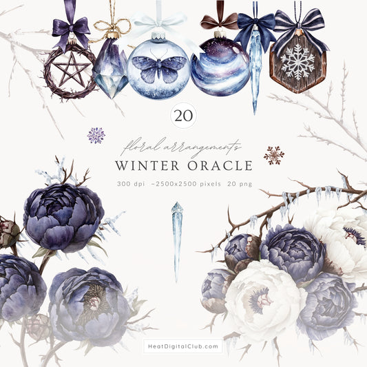 Winter Oracle - Floral Arrangements, Navy Violet Peonies, Enchanted Christmas | 20 PNG