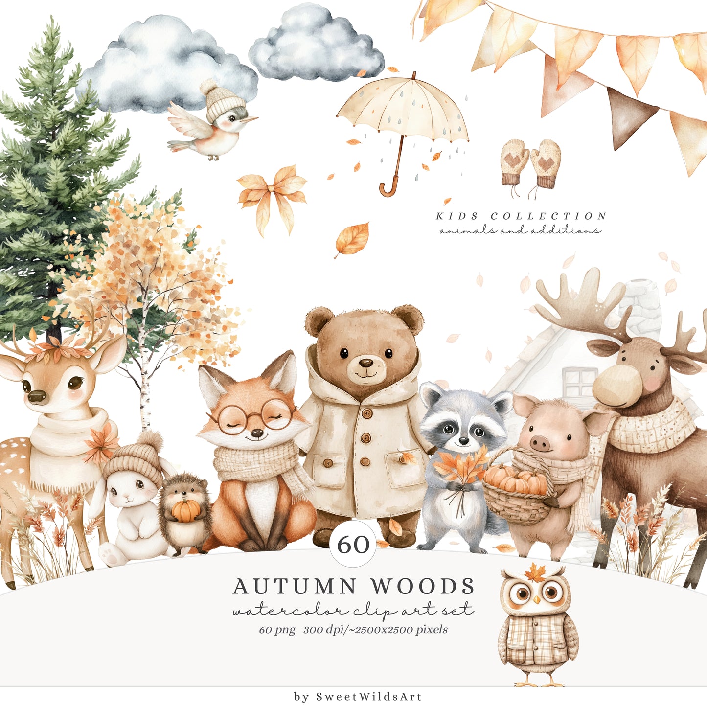 Autumn Woods - Collection Bundle, Woodland Animals, Cute Fall Forest | 99 PNG/JPEG