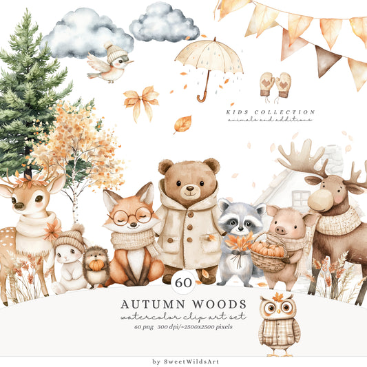 Autumn Woods - Woodland Animals Clipart, Cute Fall Forest Baby | 60 PNG