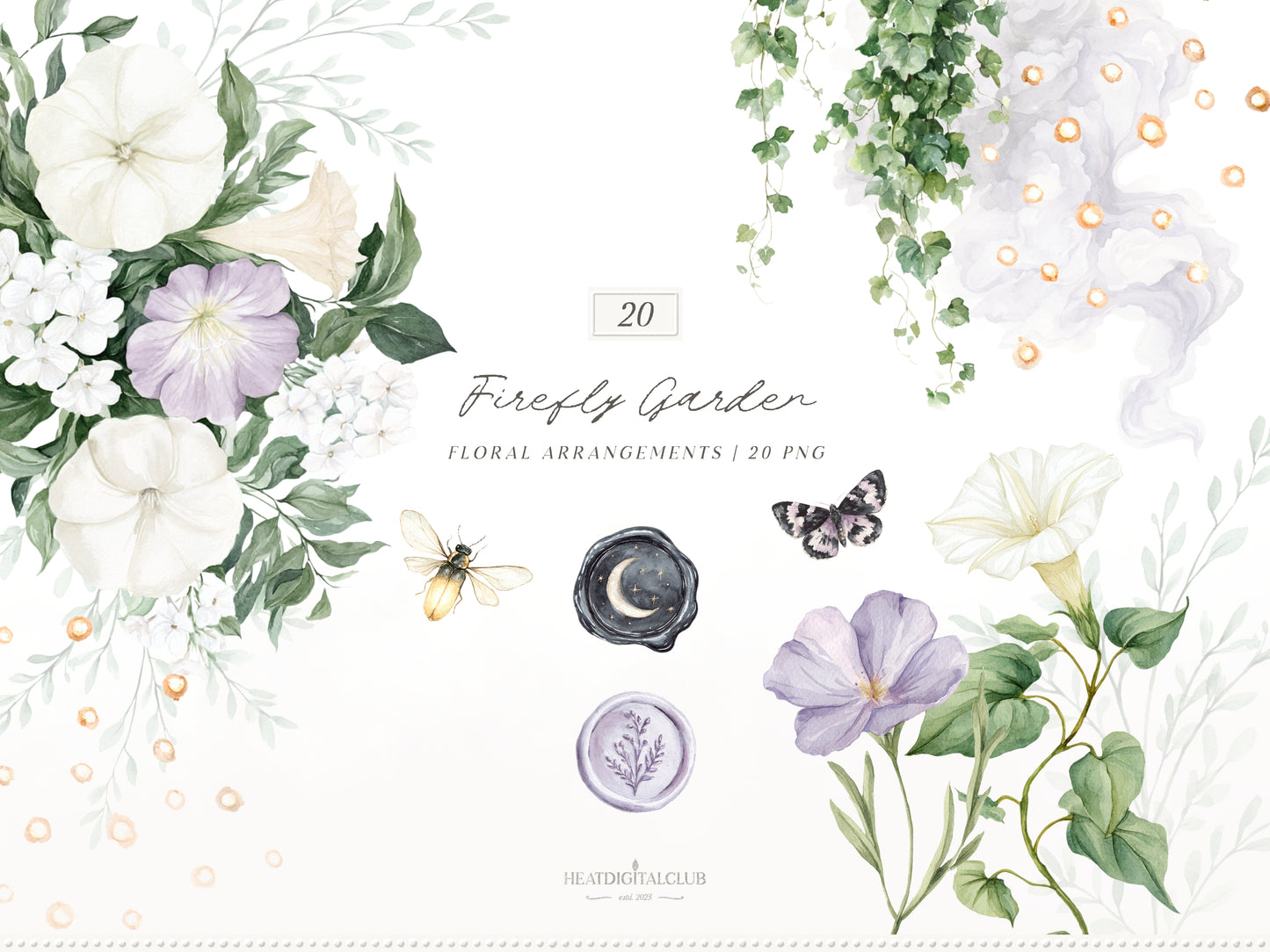 Firefly Garden - Clipart Bundle, Night Summer Garden, Moonlight, Cottagecore, Mystical Garden | 94 PNG/JPEG