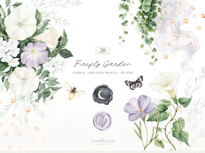 Firefly Garden - Clipart Bundle, Night Summer Garden, Moonlight, Cottagecore, Mystical Garden | 94 PNG/JPEG