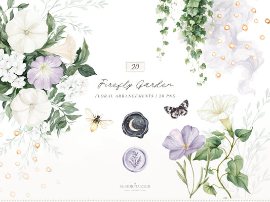 Firefly Garden - Floral Arrangements Clipart, Night Flowers, Lavender Botanical Bouquets, Moonflower | 20 PNG