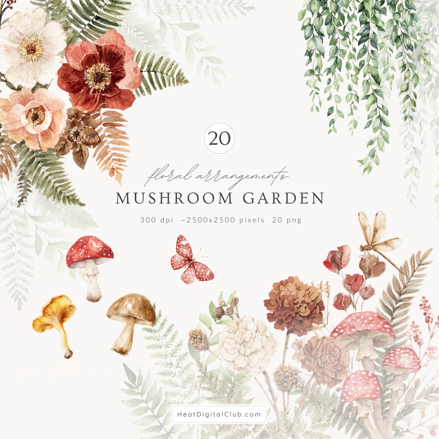 Mushroom Garden - Floral Arrangements, Mushroom Flowers, Forest Botanical Clipart, Cottagecore Florals | 20 PNG