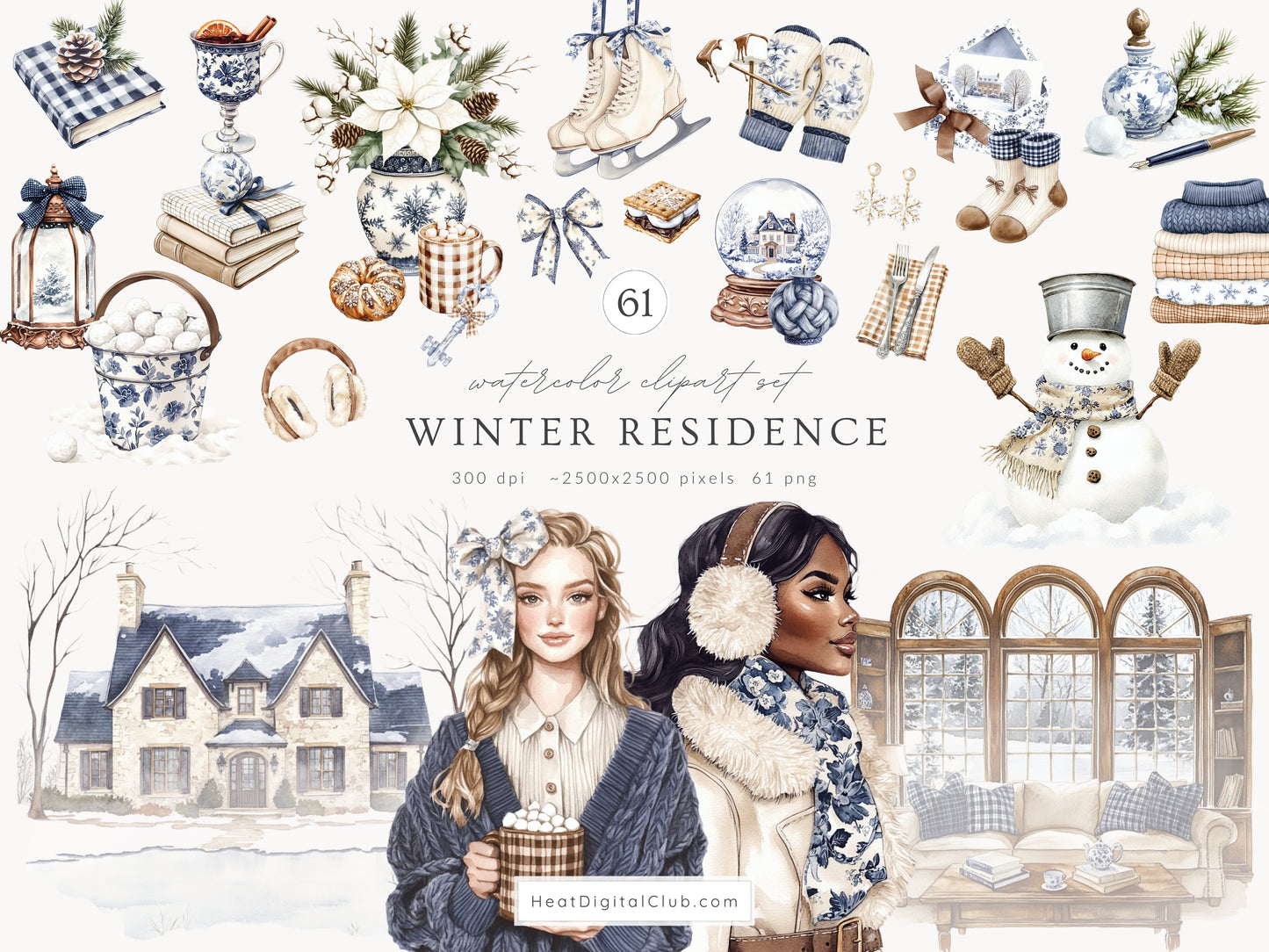 Winter Residence - Watercolor Collection Bundle, Clipart, Patterns & Florals | 93 PNG/JPEG