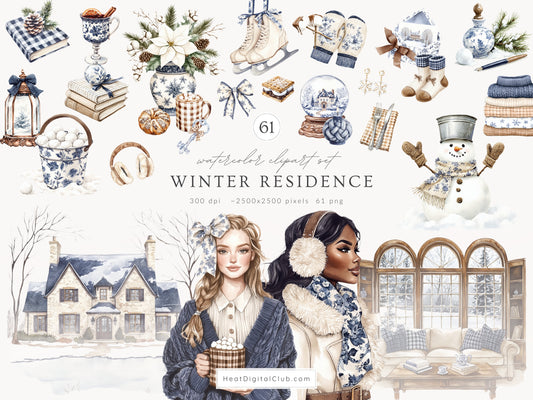 Winter Residence - Watercolor Clipart Sets, Elegant Cozy Christmas | 61 PNG