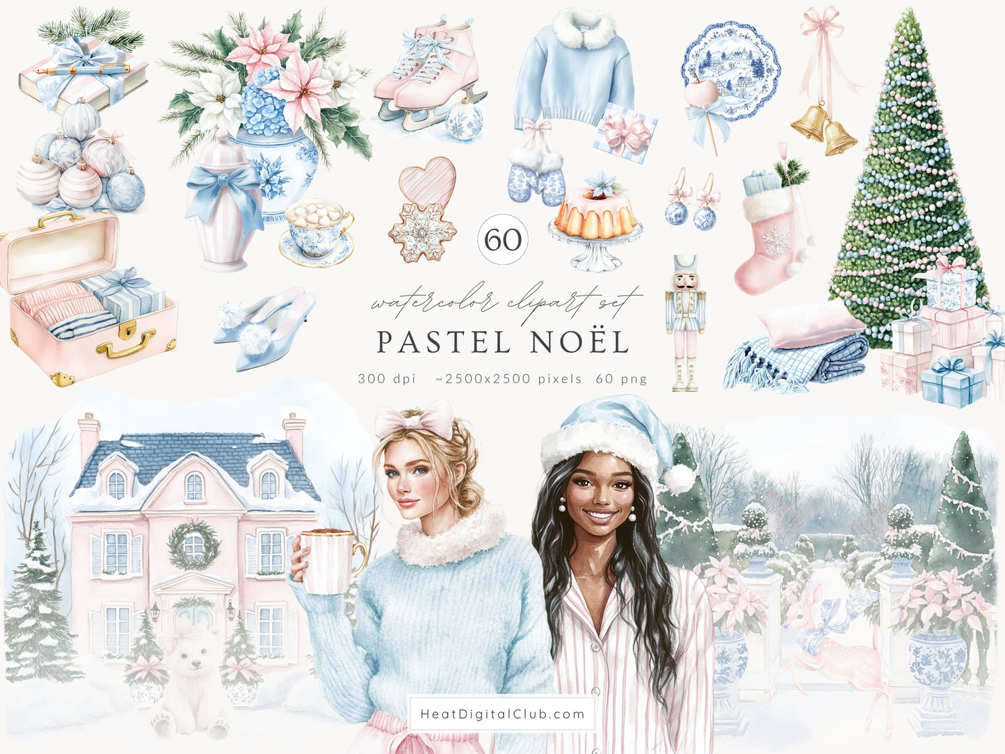 Pastel Noël - Christmas Clipart Bundle, Elegant Grandmillennial, Pink & Blue Holiday | 94 PNG/JPEG
