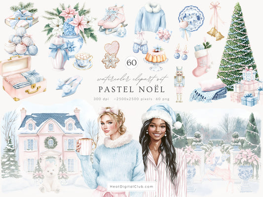 Pastel Noël - Christmas Clipart, Grandmillennial Winter, Pink & Blue Holiday | 60 PNG