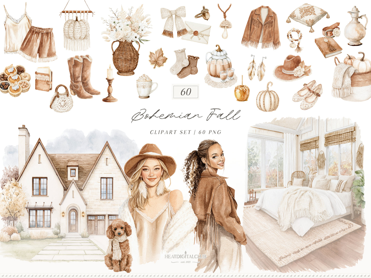 Bohemian Fall - Boho Autumn Clipart Bundle, Western Fall Graphics,Pumpkin Clipart, Cottage Fall | 114 PNG/JPEG