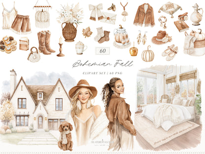 Bohemian Fall - Boho Autumn Clipart Bundle, Western Fall Graphics,Pumpkin Clipart, Cottage Fall | 114 PNG/JPEG