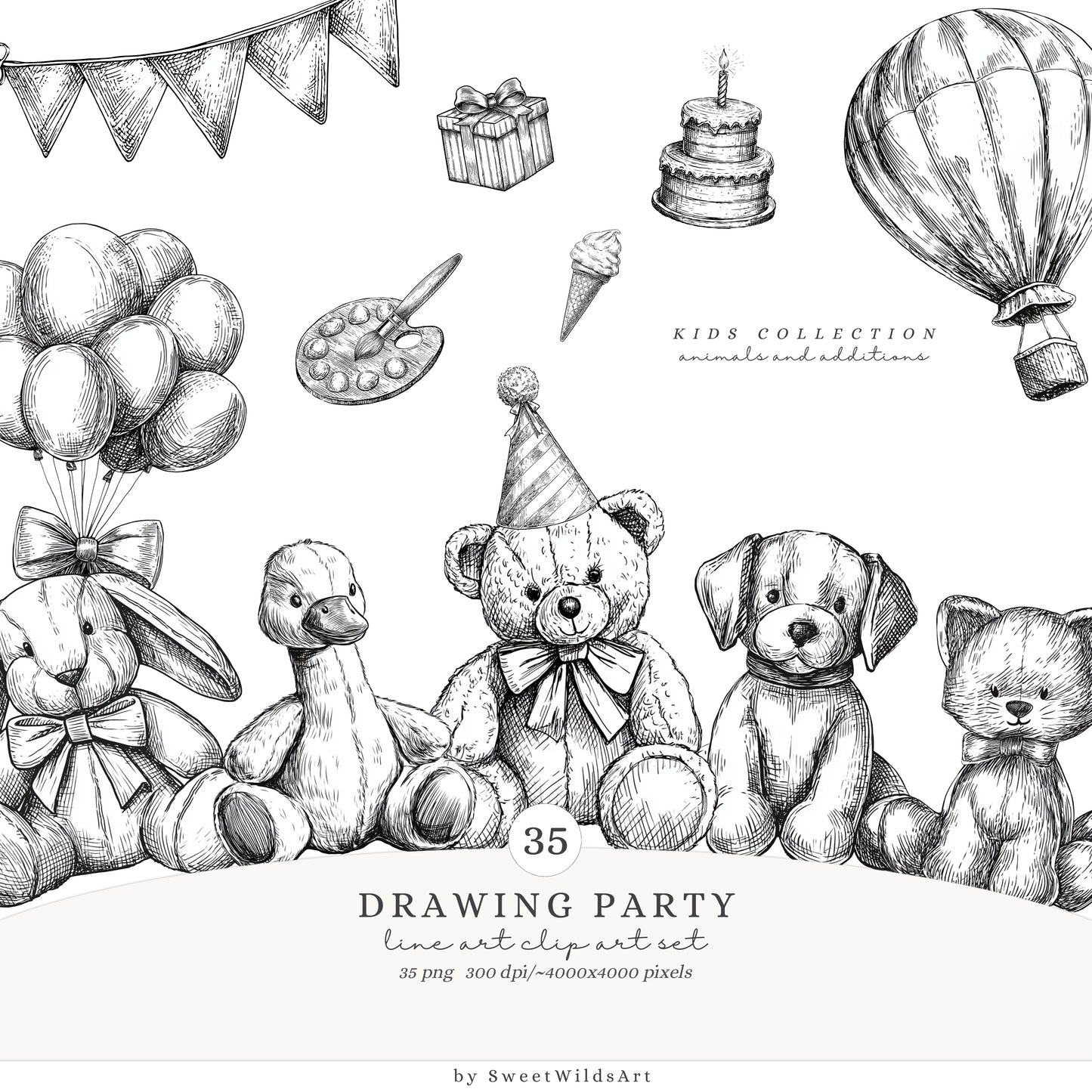 Drawing Party - Collection Bundle,  Line Art, Birthday, Black and White | 69 PNG/JPEG