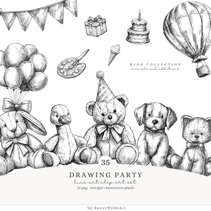 Drawing Party - Collection Bundle,  Line Art, Birthday, Black and White | 69 PNG/JPEG