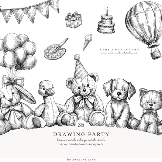 Drawing Party - Line Art Clipart, Birthday Animals, Black and White Teddy Bear | 35 PNG
