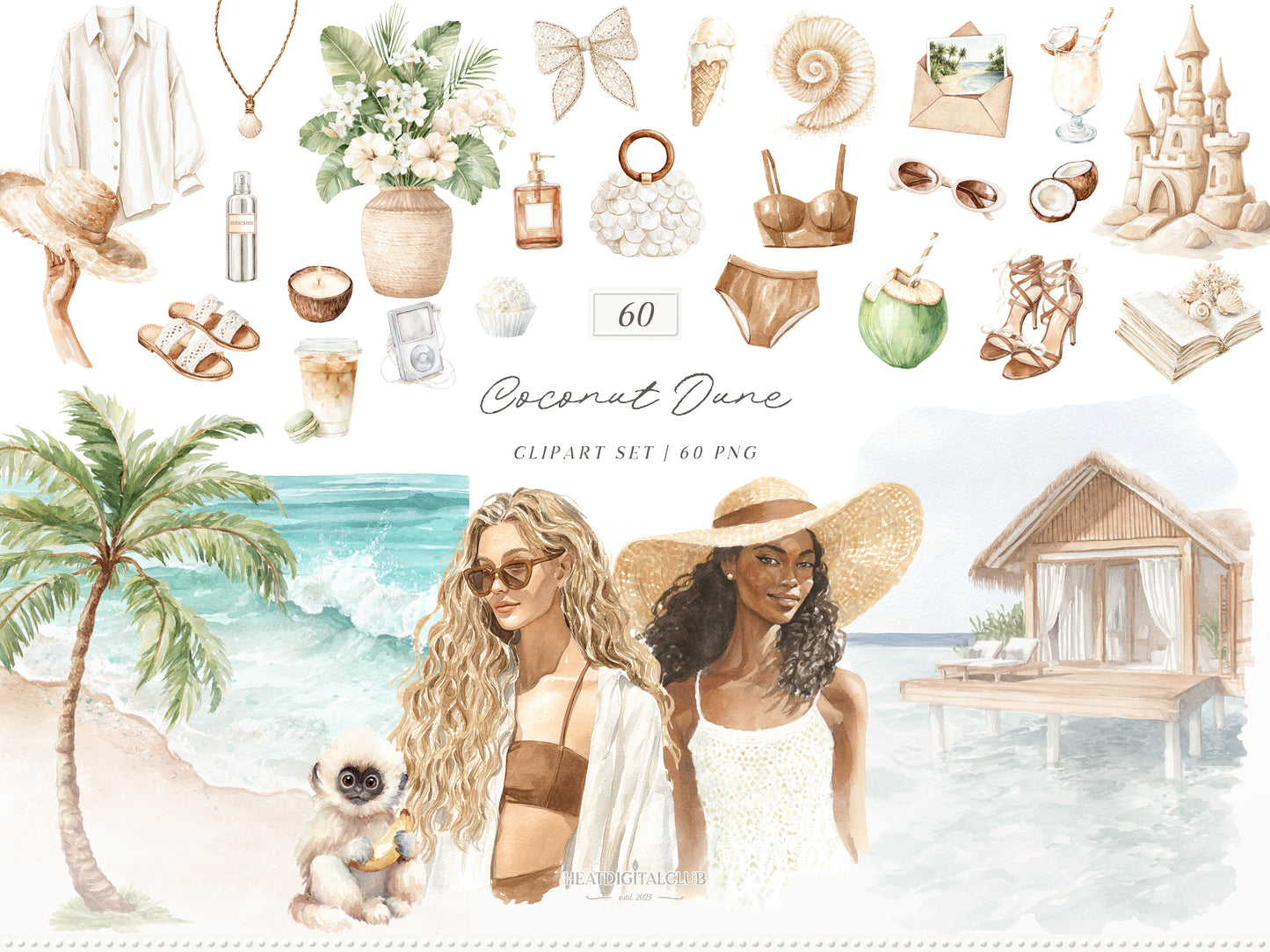 Coconut Dune - Tropical Clipart Bundle, Beach Aesthetic, Neutral Coastal Elements, Resort Vacation | 94 PNG/JPEG