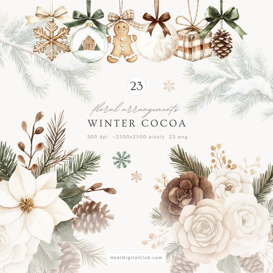 Winter Cocoa - Floral Arrangements Clipart, Elegant Flowers & Christmas Ornaments | 23 PNG