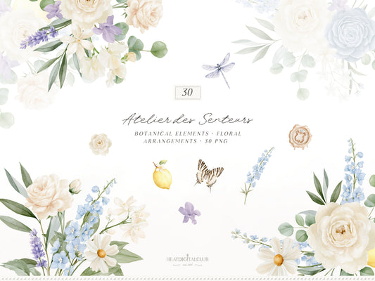 Atelier Des Senteurs - Watercolor Provence Floral Clipart, Cottagecore Botanical Elements & Floral Arrangements | 30 PNG