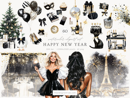 Happy New Year - Collection Bundle, Black Gold Silver Party, Holiday | 90 PNG/JPEG