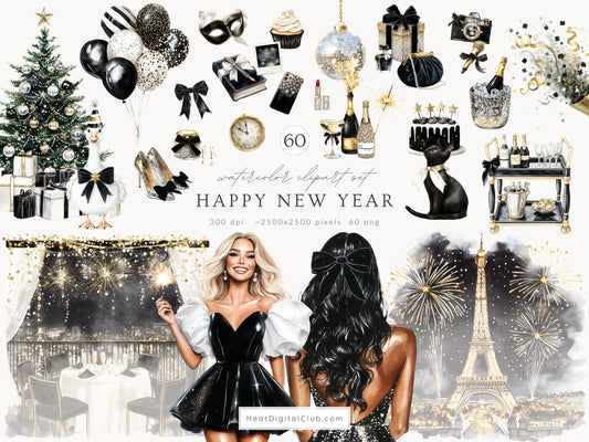 Happy New Year - Clipart, Black Gold Silver Party,  Balloons Champagne, Holiday | 60 PNG