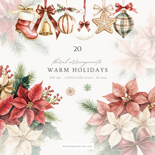 Warm Holidays - Floral Arrangements, Winter Clipart, Christmas, Poinsettia | 20 PNG