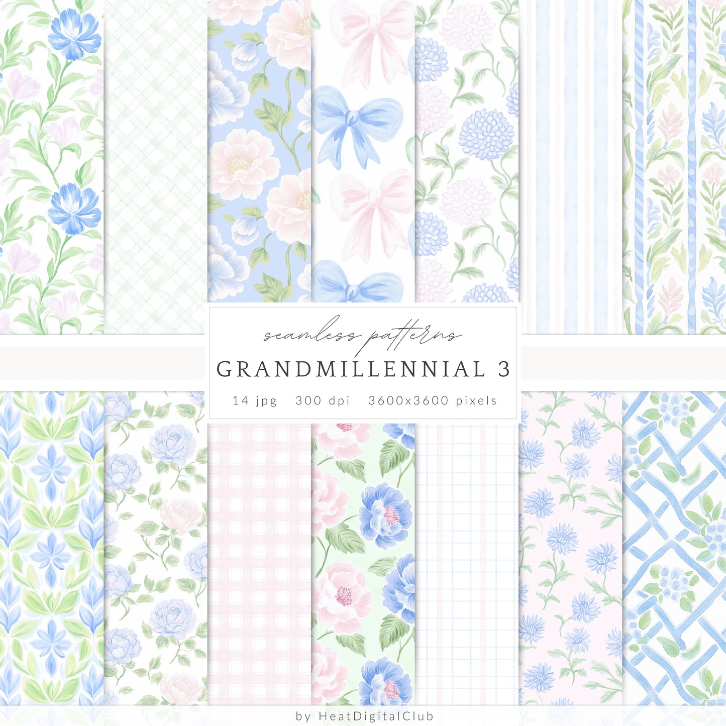 Grandmillennial - Seamless Patterns Bundle, Pastel Floral, Stripes, Plaid, Glitter | 56 JPEG