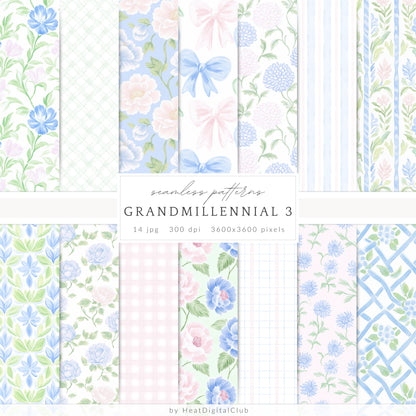 Grandmillennial - Seamless Patterns Bundle, Pastel Floral, Stripes, Plaid, Glitter | 56 JPEG