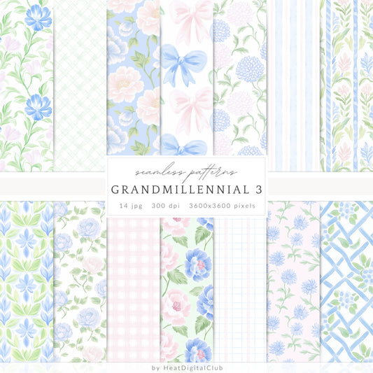 Grandmillennial - Seamless Patterns, Set 3, Pastel Floral, Stripes, Plaid, Glitter | 14 JPEG