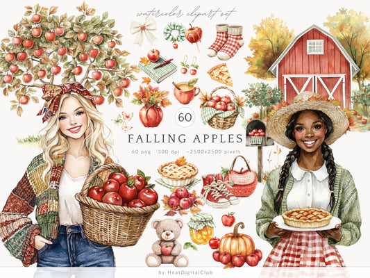 Falling Apples - Cozy Autumn Clipart, Pie, Pumpkins, Cottagecore | 60 PNG