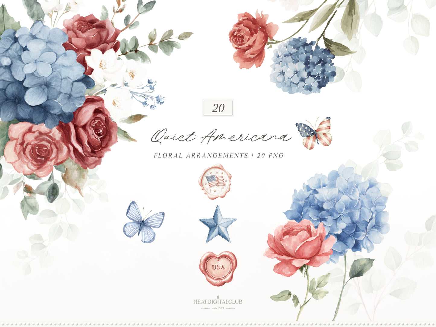Quiet Americana - 4th of July Clipart Bundle, Vintage Summer, Independence Day, Patriotic | 95 PNG/JPEG