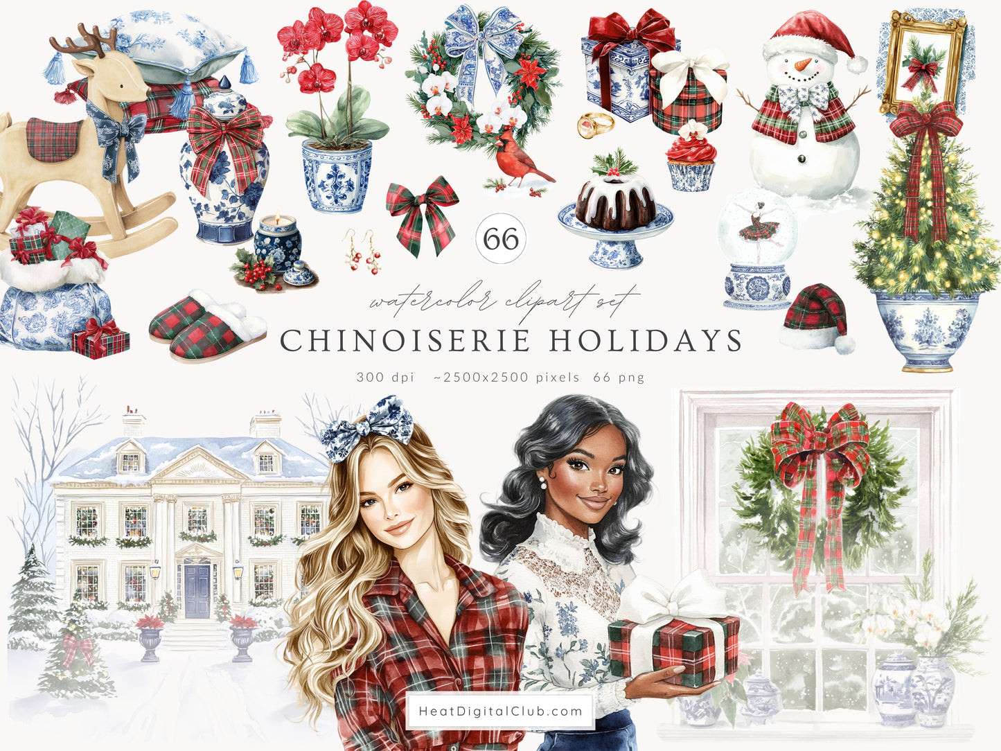 Chinoiserie Holidays - Collection Bundle, Christmas, Tartan,  Grandmillennial  | 96 PNG/JPEG