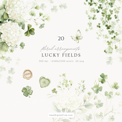 Lucky Fields - Floral Arrangements Clipart, St Patrick's Day Shamrock, Clover Hydrangea | 20 PNG