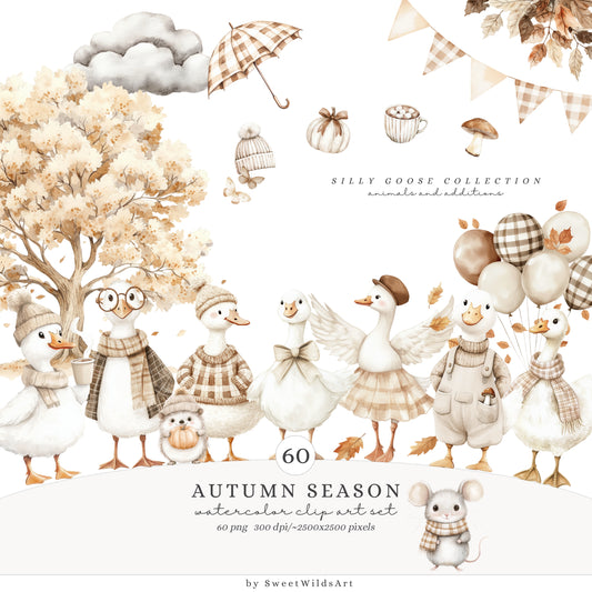 Autumn Season - Cute Fall Silly Goose, Cozy, Kids Clipart, Baby Shower | 60 PNG