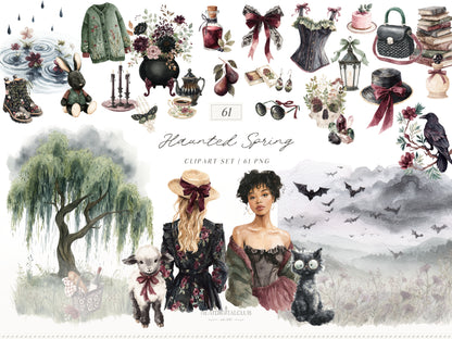 Haunted Spring - Gothic Spring Clipart, Dark Floral Clipart, Moody Spring, Cottagecore | 61 PNG