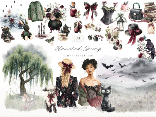Haunted Spring - Gothic Spring Clipart, Dark Floral Clipart, Moody Spring, Cottagecore | 61 PNG