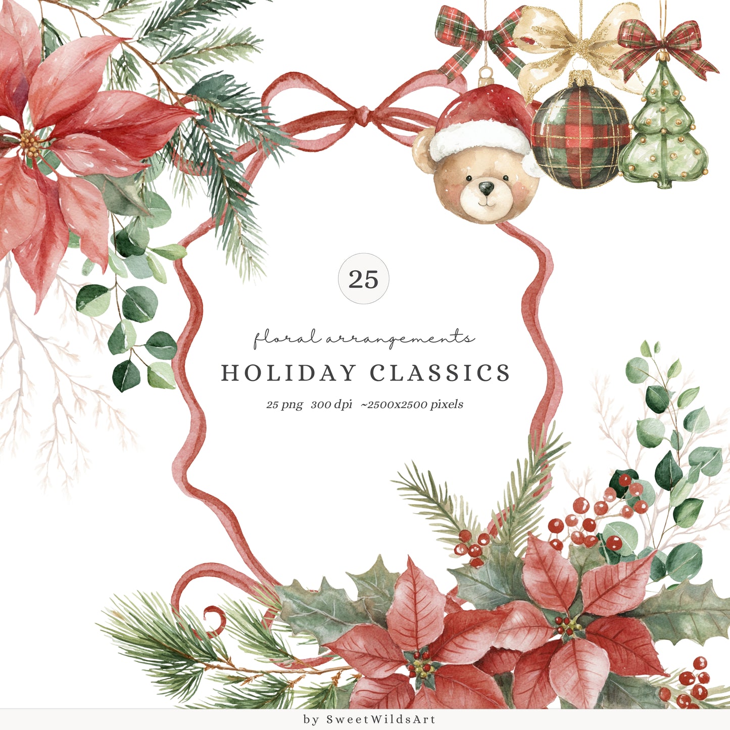 Holiday Classics - Floral Arrangements Clipart, Poinsettia, Evergreen, Christmas | 25 PNG