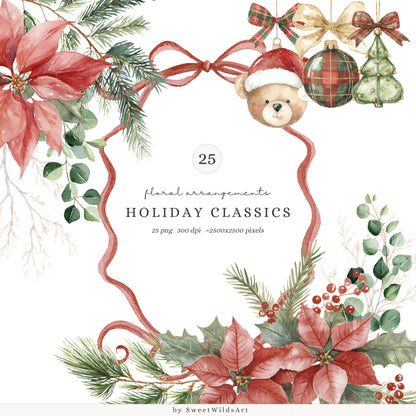 Holiday Classics - Floral Arrangements Clipart, Poinsettia, Evergreen, Christmas | 25 PNG